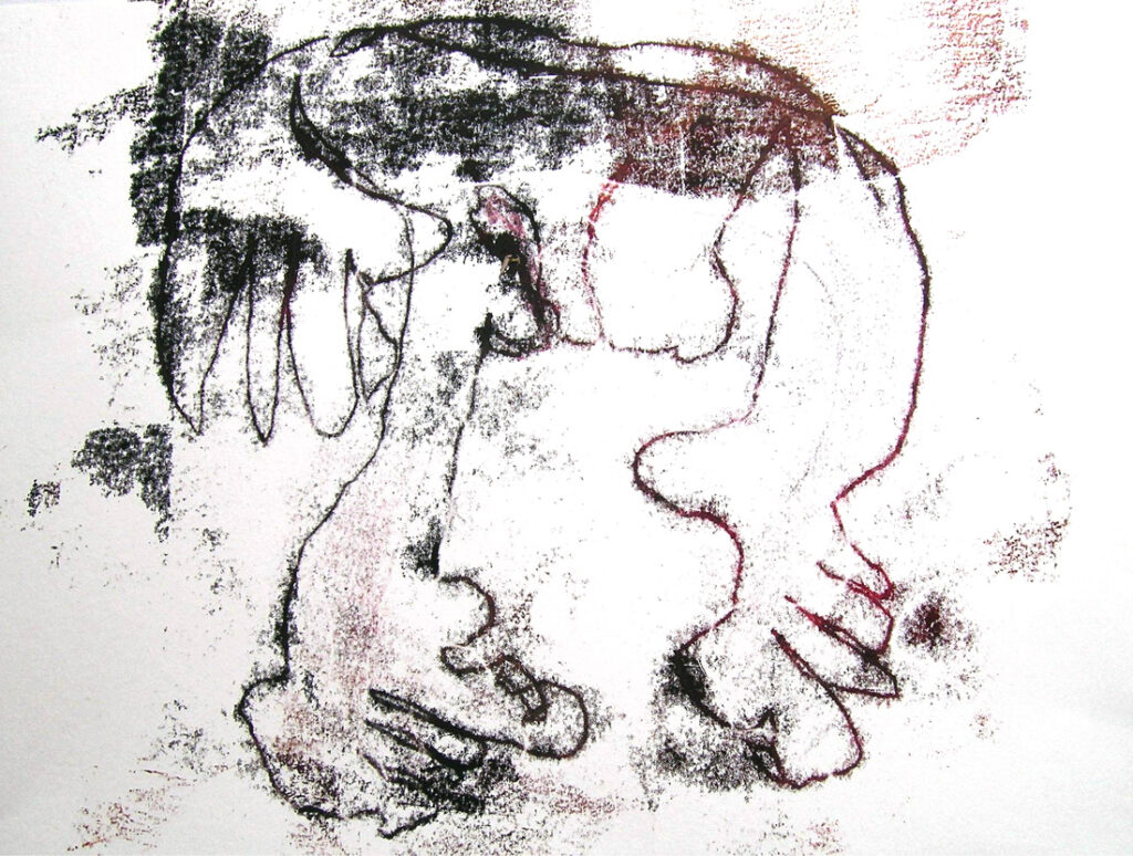 Blindtastung, Akt, liegend, Monotypie auf Papier, 34×34 cm