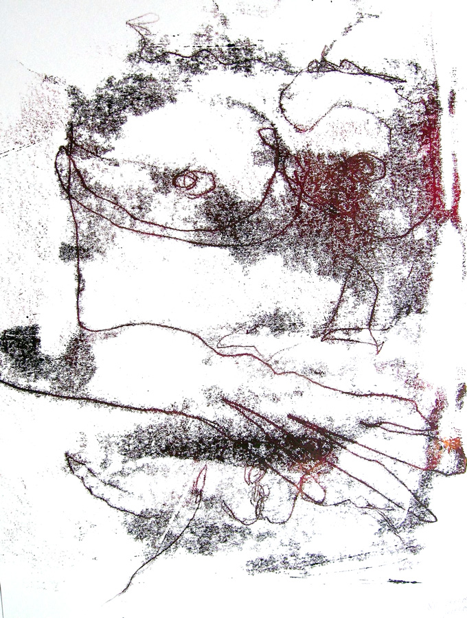 Blindtastungen, Akt, stehend, Monotypie auf Papier, 34×45 cm
