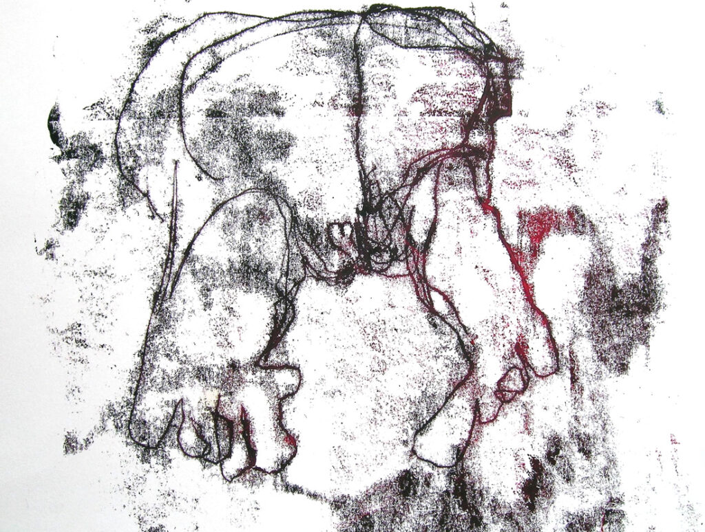 Blindtastung, Akt, liegend, Monotypie auf Papier, 34×34 cm